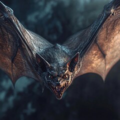 Menacing bat in flight showcasing intricate wing structure and eerie expression during twilight hours