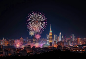 Vibrant fireworks explode over a glittering city skyline at night, magic, winter