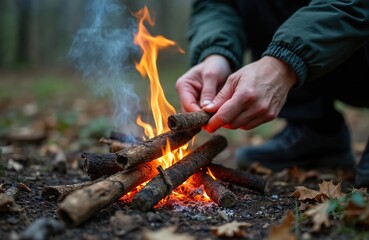 Person starts fire in woods. Flames, smoke, heat. Lighting a balefire from kindling. Adventure, survival, wilderness concept. Camping, outdoor activity. Forest nature, explore.