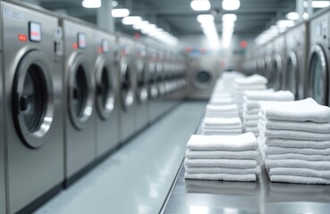 Fototapeta premium Professional laundry service. Clean white folded linen stacks, modern washing machines in commercial laundry room. Washing, cleaning, ironing, pressing, sanitize, hygiene concept.