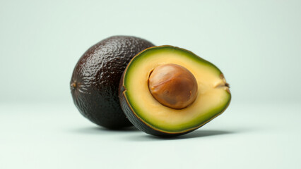  Whole and halved avocado on a light blue background, showing the pit and creamy flesh.