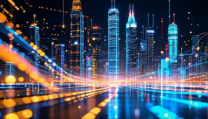 Obraz premium A futuristic cityscape at night with neon lights and skyscrapers.