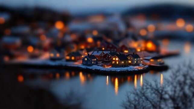Miniature townscape with lights reflecting in calm waters during twilight