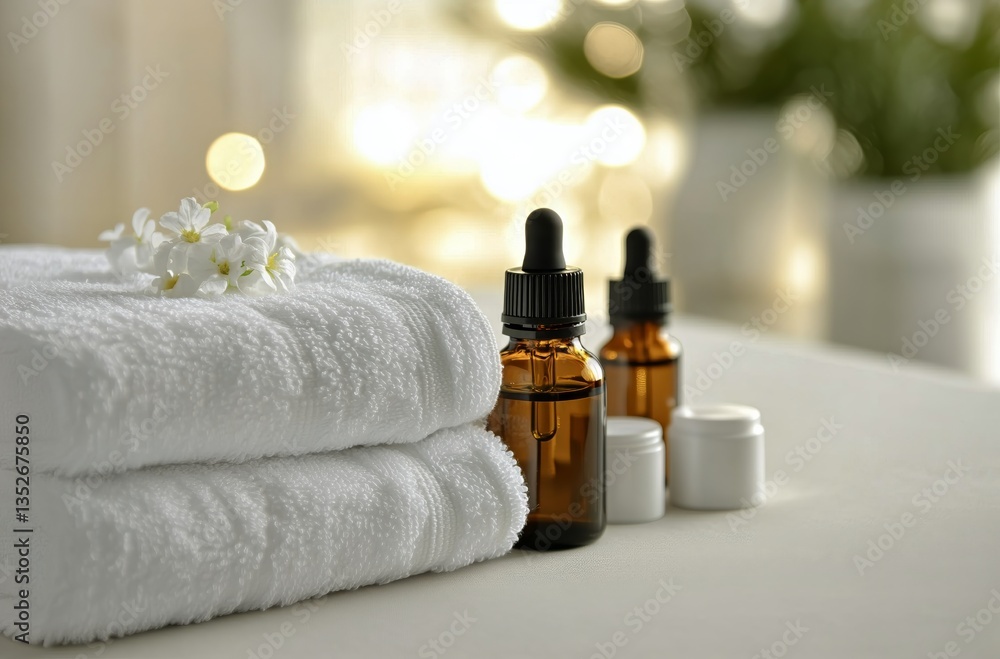 Poster relaxing spa setup with essential oils and towels in a calming atmosphere
