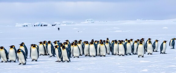 Obraz premium A colony of penguins waddles across a vast, icy landscape, frozen, Arctic