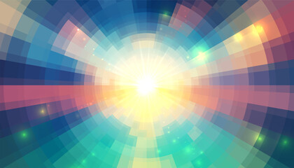 Vector Radiant Geometric Mosaic Background with Bright Central Light and Colorful Glow in Blue and Green Tones