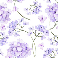 Delicate Watercolor Hydrangea Pattern: Blue and Purple Flowers on Transparent Background, Seamless Design for Textile, Wallpaper, and Scrapbooking