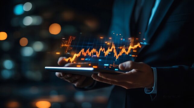 Businessman holding a tablet with a hologram of a rising stock market graph and bar chart on the screen, representing a financial data.