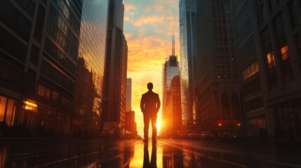 Businessman standing in the middle of a city street with tall buildings at sunset, looking up at...