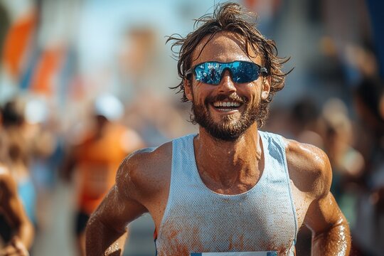 Runner smiles with joy during a marathon in a sunny urban setting while competitors surround him