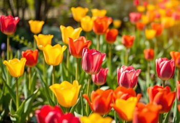 Fototapeta premium Vibrant tulips blooming in a sunny spring garden, sunlight, sunshine