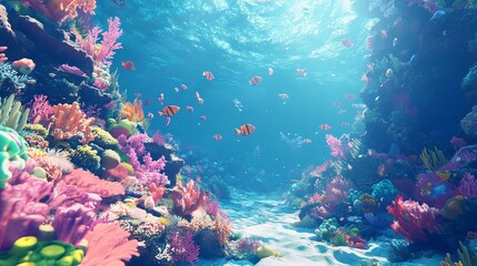 Obraz premium A vibrant coral reef underwater, with clear blue water and colorful fish swimming around. 