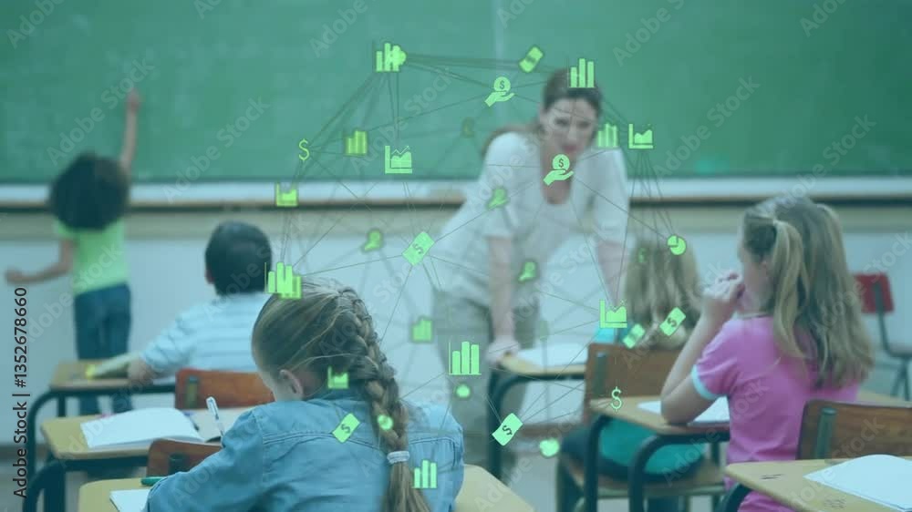 Poster teacher assisting students in classroom with data network animation overlay