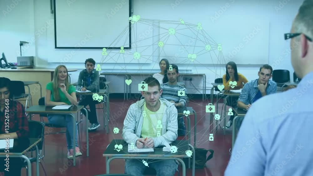 Poster in school, students interacting with digital network animation overlay in classroom
