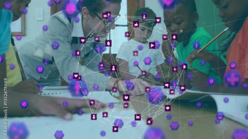 Poster collaborating in school, diverse students processing data with network connections animation