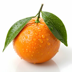 Close-Up of a Fresh Orange with Dew Drops and Green Leaves Isolated on White Background