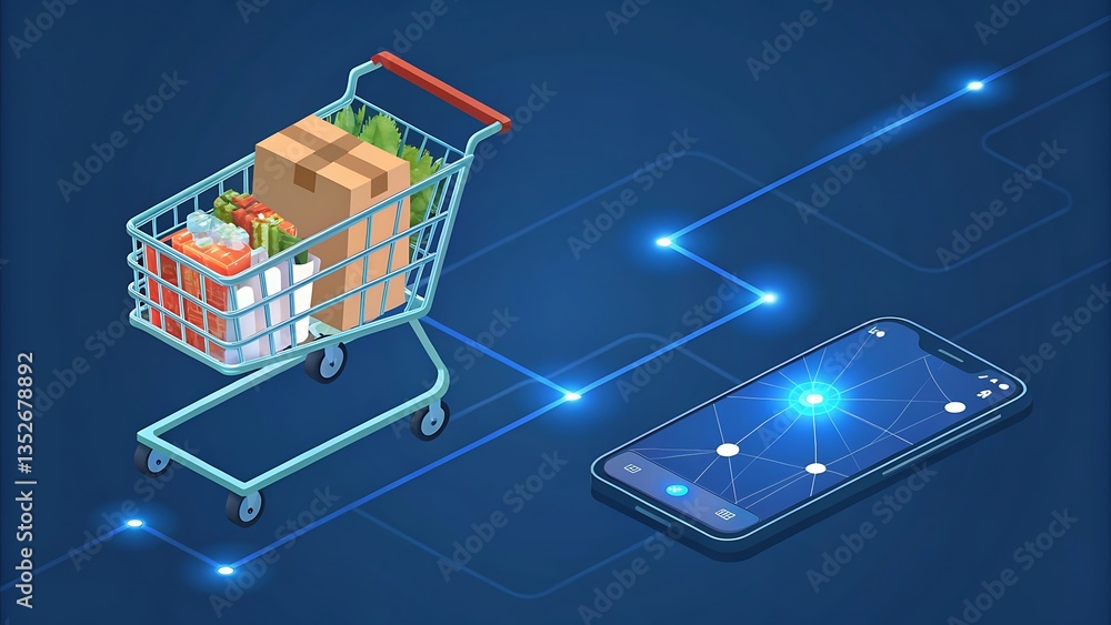 Poster digital commerce concept: shopping cart and connected smartphone for secure online transactions and 