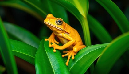 Vibrant yellow frog perched on lush green leaves, leaf, wildlife