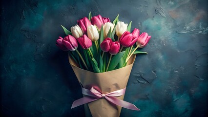 Spring flowers. Women's day background. Bouquet of white and ping tulips. Present gift for Mother's day. Space