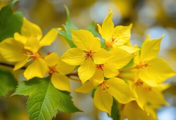 Vibrant yellow maple blossoms, close-up view of delicate petals and fresh green leaves, botany, blossom