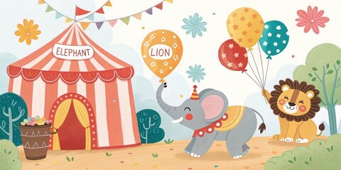 Animal Carnival-Themed Birthday with Elephant and Lion Balloons, Fun Stickers, and an Invitation Flyer.
