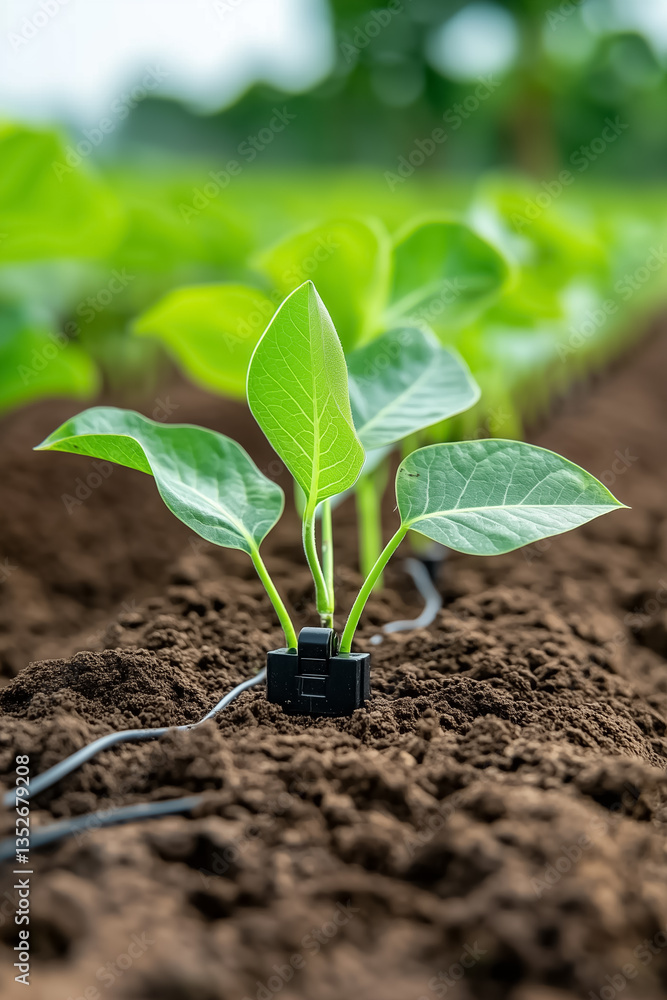 Poster seedlings emerging from fertile soil with visible irrigation system. lush green field in daylight. c