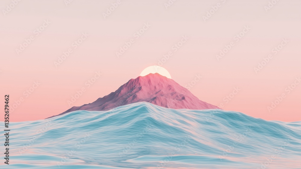 Wall mural a serene view of a mountain at sunset with gentle waves in the foreground.