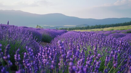 a lavender field in the foreground with mountains in the background 