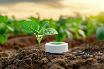 Soil sensor measuring moisture levels next to young soybean plant in agricultural field. Golden hour setting showcases healthy growth. Concept of precision farming, agriculture, soil management