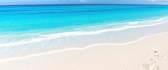 Azure ocean meets pristine white sand beach, panoramic view, sky, horizon