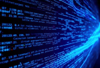 Abstract glowing blue code streams on a black digital background illustrating data flow, high tech, abstract background