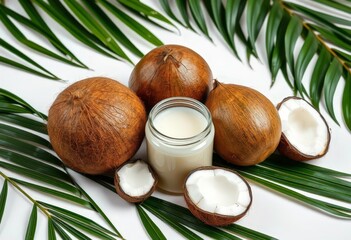 Whole coconuts, coconut oil jar, lush green leaves on white , beauty,  clean
