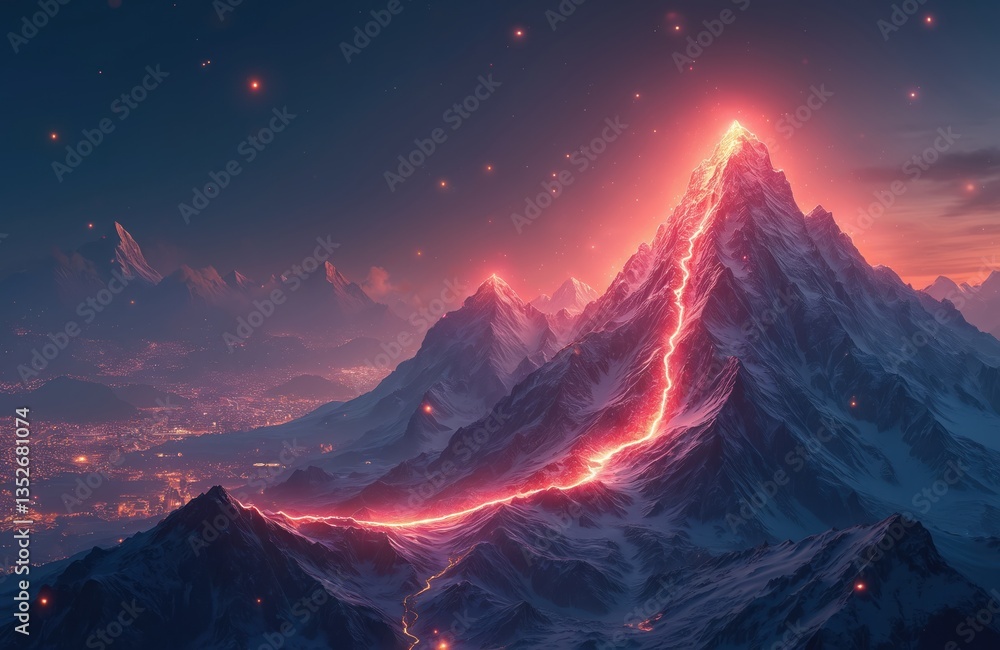 Poster digital mountain range formed by glowing data streams winding path to summit representing success. f