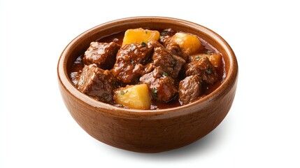 Fototapeta premium Hearty Beef Stew with Potatoes Served in Rustic Brown Bowl