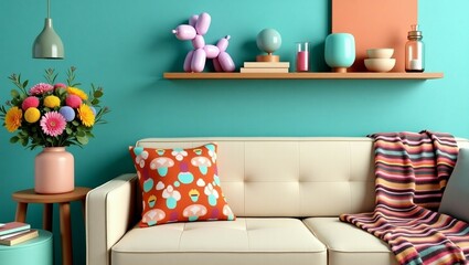 Modern decorative setup with vibrant flowers, a balloon dog sculpture,
 white sofa and design blue lamp. Stylish home decor.
