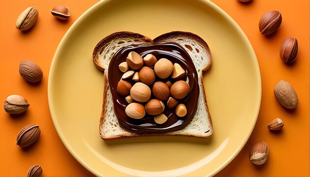 A slice of bread with chocolate spread and nuts on top.