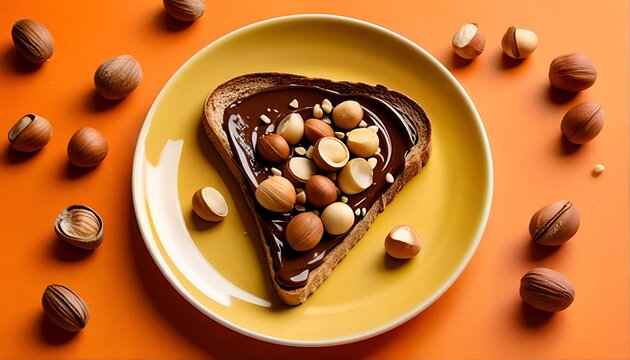 A slice of toast with chocolate spread and nuts on top.