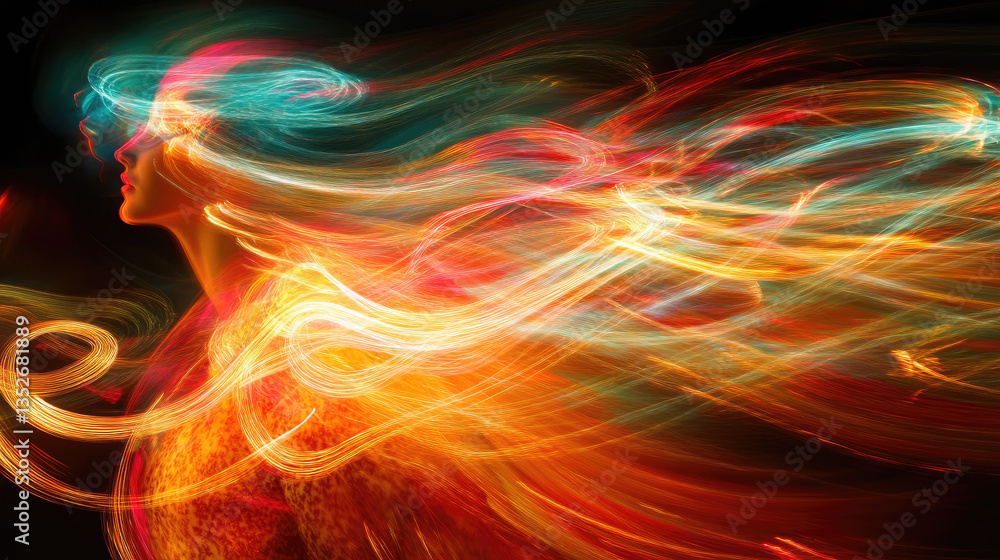 Poster vibrant light trails and motion blur creating colorful abstract background with dynamic energy flow,