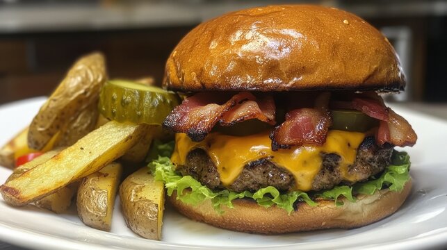 With bacon, pickles, and fresh vegetables, this gourmet cheeseburger is a delicious home-made burger with rustic potato wedges.