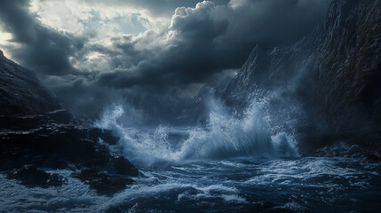 Obraz premium Powerful waves crash against a dark, rocky shore under a stormy sky.