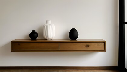 Minimalist Interior Design Featuring Wooden Floating Shelves and Decorative Vases.