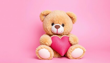 Adorable teddy bear with heart, sitting on pink background, toy, retro