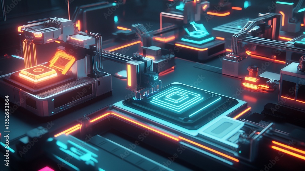 Poster neon-lit futuristic techscape: a 3d render of a cyberpunk-inspired microchip factory