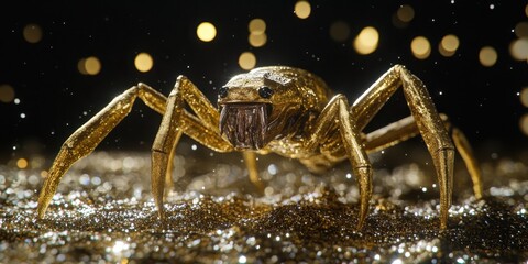 A golden mechanical spider rests on a sparkly golden surface