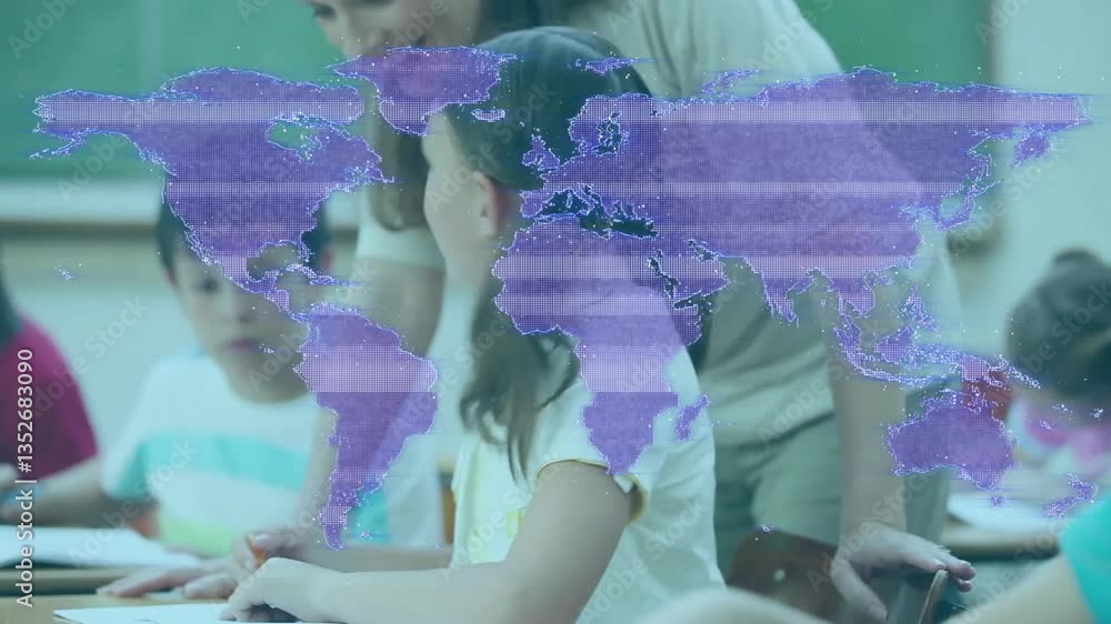 Poster children studying in classroom with digital world map overlay animation