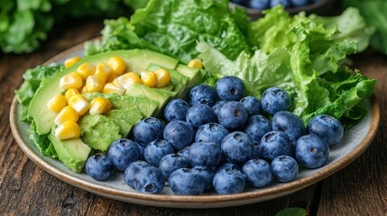 Healthy salad with avocado, blueberries, and corn