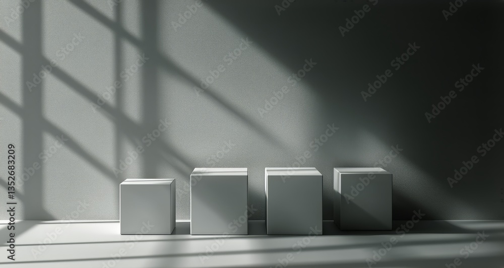 Poster three geometric blocks casting shadows in a minimalist room with soft light