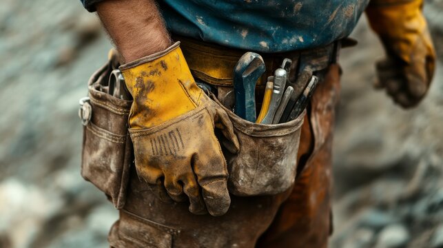 Worker hand wearing work gloves and holding tools in a tool belt on a construction site.
