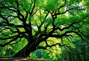 Ancient oak dominates vibrant green forest, sunlight dappling leaves, nature, shadow