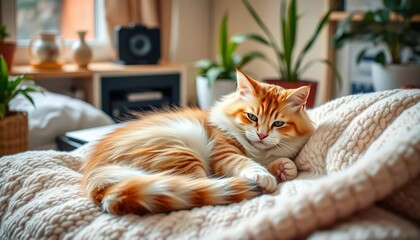 Cozy home office, fluffy cat curled on soft blanket near laptop, comfortable, animal companion